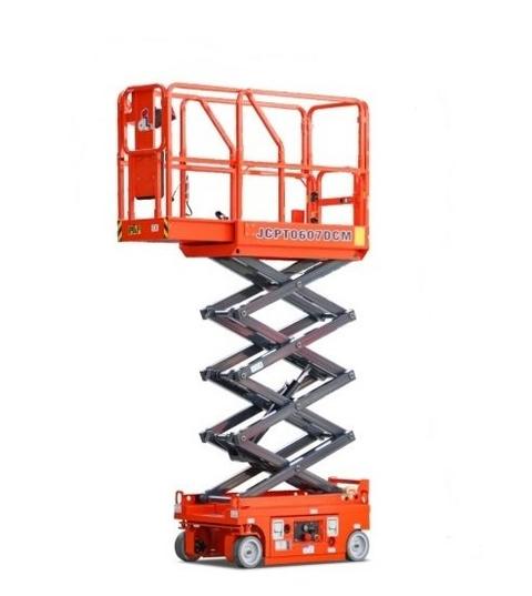 Dingli JCPT0607DCM 5.6m battery scissor lift with platform raised, side view – rental in Johor